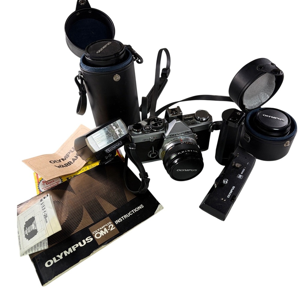 BUNDLE Olympus OM-2 35mm SLR Camera 3 Zuiko Lens 28mm 50mm 200mm Winder Flash